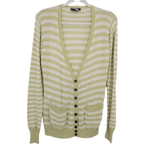 3/$25 Wooden Ships Striped Cardigan Sweater M / L Button Down V Neck Pockets - Picture 1 of 7